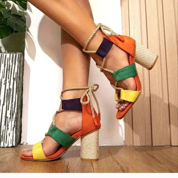 boho colorful open toe heels - Picture 5 of 7
